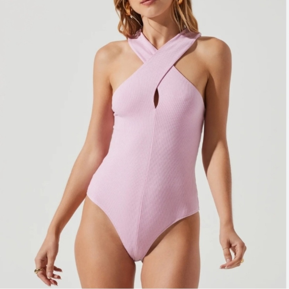 ASTR The Label Crossover Ribbed Bodysuit Cotton Candy Pink One-piece Barbie NWT